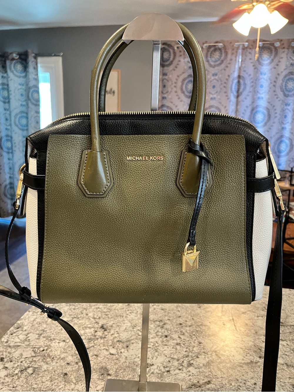 Michael Kors Mercer Medium Tri-Color Pebbled Leather Belted Satchel